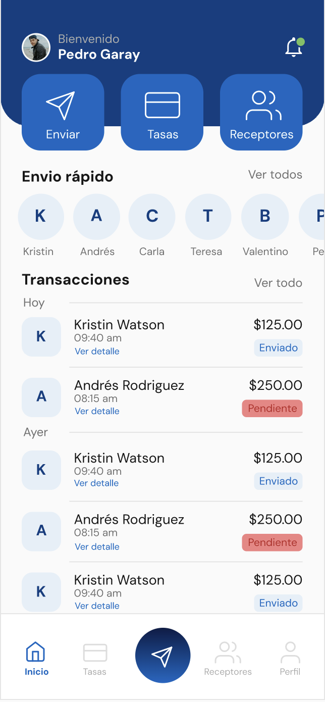 Historial de transacciones en la aplicación